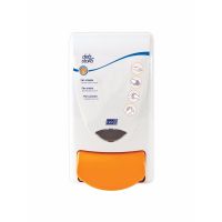 Deb Stoko Protect dispenser til beskyttelsescreme, hvid plast m. gul trykknap, 1 L