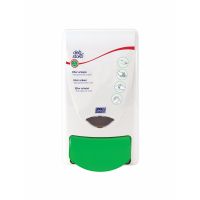 Deb Stoko Restore dispenser til regenererende creme, i hvid plast m. grøn trykknap, 1 L 