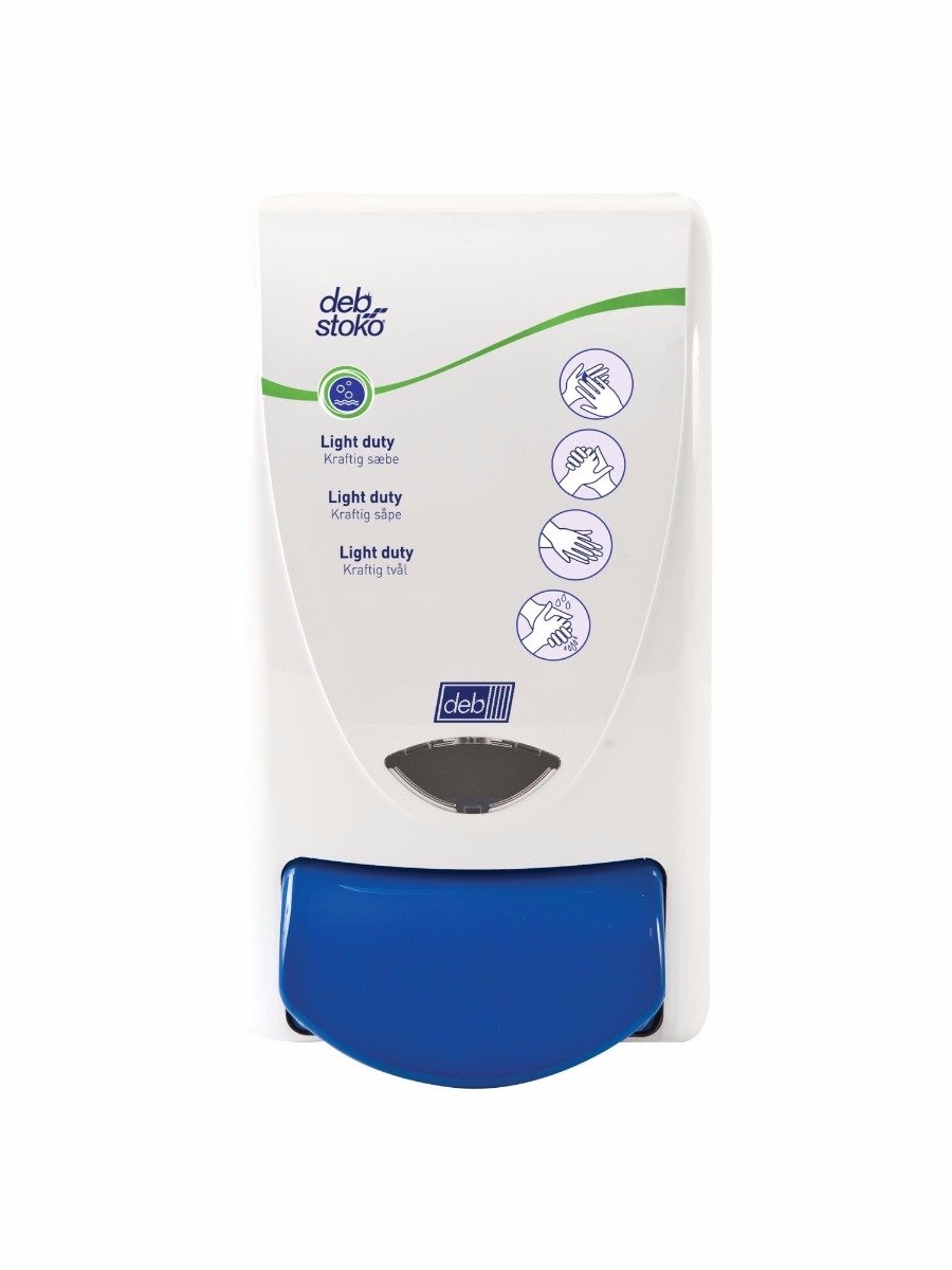 10: Deb Stoko Cleanse Light dispenser til cremesæbe m. renseeffekt, hvid plast m. blå trykknap, 1 L