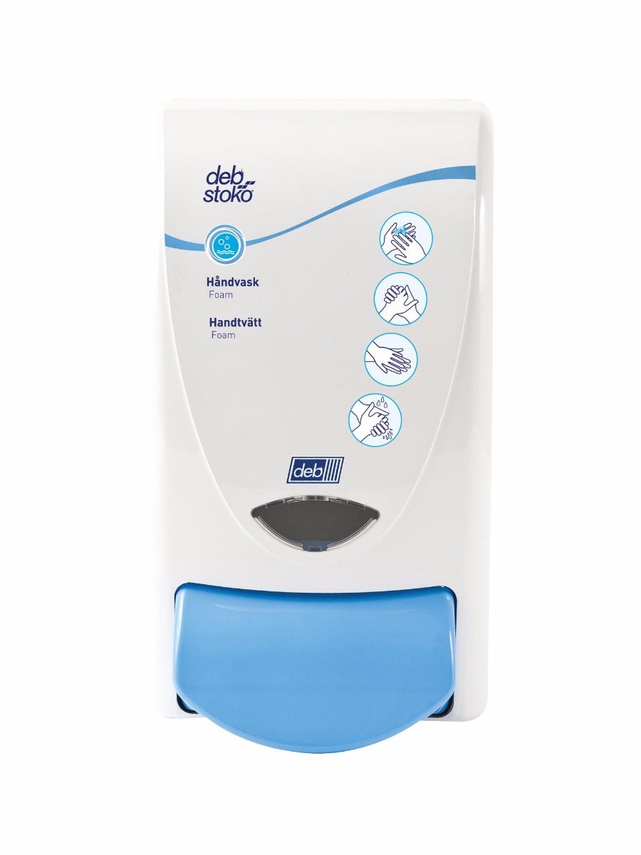 #1 - Deb Stoko Cleanse Washroom dispenser til skumsæbe, i hvid plast m. lyseblå trykknap, 1 L