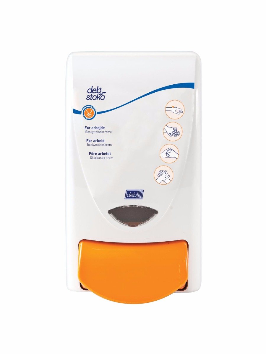 Deb Stoko Protect dispenser til beskyttelsescreme, hvid plast m. gul trykknap, 1 L