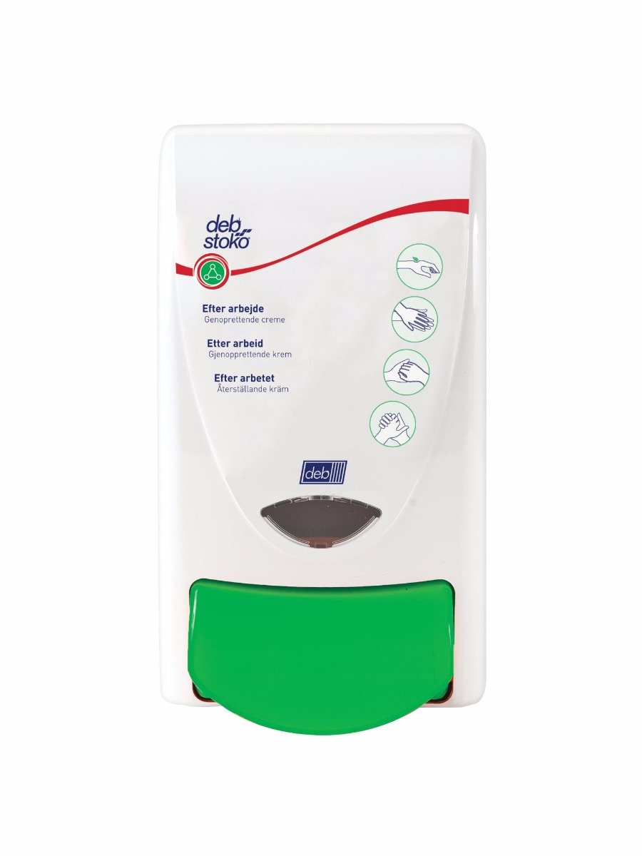 Deb Stoko Restore dispenser til regenererende creme, i hvid plast m. grøn trykknap, 1 L