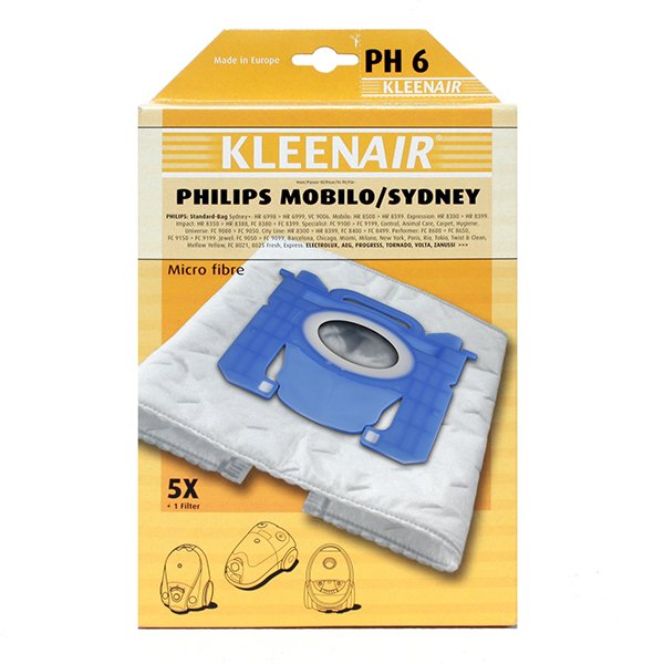 KLEENAIR PH6 støvsugerpose til Philips sydney mfl., 5 stk. + 1 filter